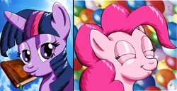 Size: 3797x1949 | Tagged: safe, artist:creamvanillakris, pinkie pie, twilight sparkle, g4, balloon, book