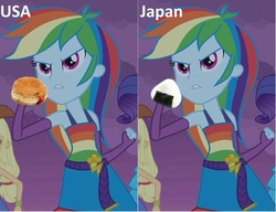 Size: 500x383 | Tagged: safe, rainbow dash, equestria girls, g4, my little pony equestria girls, 4kids, censorship, donut, frown, glare, gritted teeth, japan, jelly doughnut, jelly filled donut, onigiri, united states, usa/japan