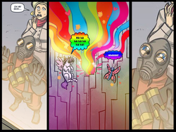 Size: 1022x767 | Tagged: safe, oc, unnamed oc, alicorn, butterfly, human, pony, 3 panel comic, comic, dashface, group, happy, pyro (tf2), pyrovision, quartet, rainbow, team fortress 2