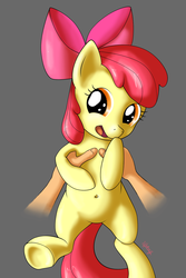 Size: 1000x1500 | Tagged: safe, artist:shoroch, apple bloom, human, pony, g4, adorabloom, belly button, cute, female, filly, foal, gray background, hand, happy, holding a pony, simple background