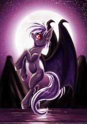 Size: 900x1275 | Tagged: safe, artist:inuhoshi-to-darkpen, oc, oc only, bat pony, pony, bedroom eyes, fangs, flying, grin, looking at you, moon, night, solo, spread wings, unshorn fetlocks, wing claws