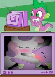 Size: 432x601 | Tagged: safe, spike, sweetie belle, g4, exploitable meme, female, kissing, male, meme, ship:spikebelle, straight, tv meme