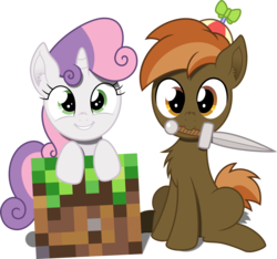 Size: 6422x6000 | Tagged: safe, artist:agamnentzar, artist:mactavish1996, button mash, sweetie belle, earth pony, pony, unicorn, g4, absurd resolution, buttonbetes, chest fluff, crossover, cute, diasweetes, looking at you, minecraft, mouth hold, simple background, sitting, smiling, sword, transparent background, vector