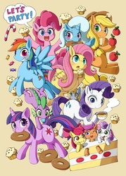Size: 858x1200 | Tagged: safe, artist:moriguru, apple bloom, applejack, derpy hooves, fluttershy, pinkie pie, rainbow dash, rarity, scootaloo, spike, sweetie belle, trixie, twilight sparkle, pegasus, pony, g4, action poster, apple, cake, candy, candy cane, cupcake, cutie mark crusaders, donut, female, food, mane six, mare, muffin, pixiv, poster, tea