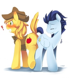 Size: 850x939 | Tagged: safe, artist:ende26, braeburn, soarin', earth pony, pegasus, pony, g4, blushing, braebutt, butt, butt bump, butt to butt, butt touch, exclamation point, eyes closed, gay, grin, gritted teeth, male, plot, raised tail, ship:soarburn, shipping, smiling, soarass, stallion, surprised, sweatdrop, wide eyes