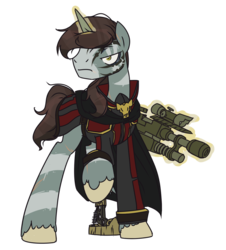 Size: 1000x1108 | Tagged: safe, artist:inlucidreverie, oc, oc only, pony, unicorn, fallout equestria, clothes, gun, magic, simple background, solo, telekinesis, transparent background, weapon