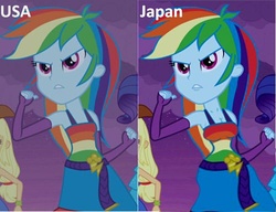 Size: 500x383 | Tagged: safe, edit, edited screencap, screencap, applejack, rainbow dash, rarity, equestria girls, g4, my little pony equestria girls, belt, breast edit, breasts, cleavage, clothes, comparison, cutie mark on clothes, fake, fall formal outfits, female, fingerless gloves, gloves, japan, night, offscreen character, sleeveless, solo focus, text, tumblr, united states, usa/japan