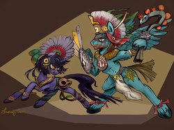Size: 1024x768 | Tagged: safe, artist:almaska, oc, oc only, aztec, bracelet, commission, coyolxauhqui, face paint, fight, huitzilopochti, jewelry, leg band, loincloth, shield, simple background, tribal, weapon
