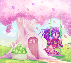 Size: 1300x1147 | Tagged: safe, artist:ipun, oc, oc only, oc:mardelia, cherry blossoms, clothes, cottagecore, flower, heart, heart eyes, kimono (clothing), outdoors, solo, swing, tree, wingding eyes