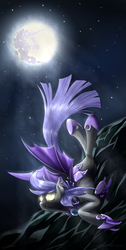 Size: 838x1665 | Tagged: safe, artist:baitoubaozou, bat pony, pony, g4, hoof blades, looking up, mare in the moon, metal claws, moon, night, night guard, night sky, sky, solo