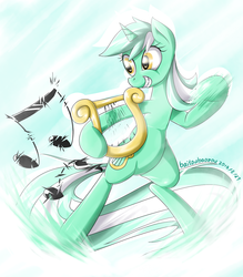 Size: 1400x1600 | Tagged: safe, artist:baitoubaozou, lyra heartstrings, pony, unicorn, g4, bipedal, female, lyre, music, music notes, musical instrument, performance, playing, solo
