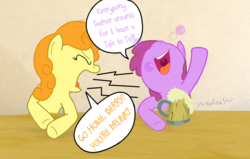 Size: 2025x1286 | Tagged: safe, artist:xulious, berry punch, berryshine, carrot top, golden harvest, earth pony, pony, g4, cider, drunk, drunk bubbles, duo, go home you're drunk, nose in the air, open mouth, yelling