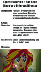 Size: 500x872 | Tagged: safe, rarity, spike, sunset shimmer, twilight sparkle, equestria girls, g4, my little pony equestria girls, george lucas, j.j. abrams, joss whedon, lens flare, m. night shyamalan, text