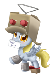 Size: 2763x3918 | Tagged: safe, artist:pridark, derpy hooves, pegasus, pony, robot, g4, beep boop, box, costume, cute, female, filly, mouth hold, pridark is trying to murder us, simple background, smiling, soldier, soldier (tf2), solo, team fortress 2, the tin soldier, transparent background, younger