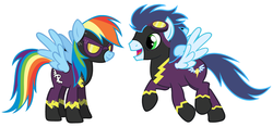 Size: 1024x478 | Tagged: safe, artist:3d4d, rainbow dash, soarin', g4, clothes, female, male, shadowbolt dash, shadowbolts, shadowbolts costume, ship:soarindash, shipping, simple background, straight, white background