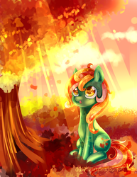 Size: 850x1100 | Tagged: safe, artist:aquagalaxy, oc, oc only, oc:autumn harvest, autumn, leaves, solo, sunlight, tree