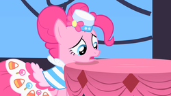 Size: 640x360 | Tagged: safe, screencap, pinkie pie, g4, clothes, dress, female, grand galloping gala, pinkie pie's first gala dress, solo, table