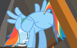 Size: 700x440 | Tagged: safe, screencap, rainbow dash, g4, lesson zero, featureless crotch, female, goggles, solo