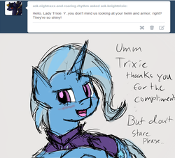 Size: 1024x928 | Tagged: safe, artist:ask-knighttrixie, trixie, pony, unicorn, g4, armor, blushing, female, mare, solo, tumblr