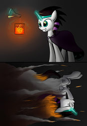 Size: 1181x1701 | Tagged: safe, artist:underpable, oc, oc only, oc:sixtoh, pony, unicorn, 2 panel comic, cape, clothes, comic, erlenmeyer flask, explosion, flask, glowing, horn, magic, science, solo