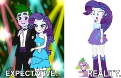 Size: 1727x1114 | Tagged: safe, artist:pia-sama, rarity, spike, dog, equestria girls, g4, comparison, drama, equestria girls drama, expectation vs reality, female, human spike, male, obligatory human, ship:sparity, shipping, spike the dog, straight, this will not end well