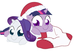 Size: 844x600 | Tagged: safe, artist:egophiliac, edit, rarity, twilight sparkle, g4, filly, hat, pony pile, recolor, sock, sock filly