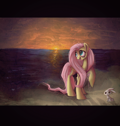 Size: 1512x1596 | Tagged: safe, artist:grinu, angel bunny, fluttershy, pegasus, pony, g4, beach, sunset