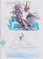Size: 1280x1757 | Tagged: safe, artist:sensei-p-chan, count bleck, crossover, dimentio, hoers, paper mario, ponified, riding, super mario bros., super paper mario, traditional art