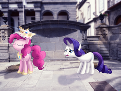 Size: 2560x1920 | Tagged: safe, artist:colorfulbrony, artist:pablo09042, artist:spier17, pinkie pie, rarity, earth pony, pony, unicorn, g4, crown, eyes closed, female, horn, irl, mare, photo, ponies in real life