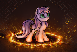 Size: 2991x2019 | Tagged: safe, artist:eltaile, sweetie belle, pony, robot, unicorn, g4, :<, badass, blank flank, female, filly, fire, foal, hooves, horn, pyro belle, solo, sweetie bot