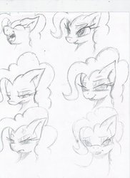 Size: 850x1170 | Tagged: safe, artist:digitaldomain123, pinkie pie, g4, facial expressions, female, monochrome, sketch dump, solo, traditional art