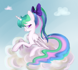 Size: 1024x925 | Tagged: safe, artist:moon petals, princess celestia, g4, alternate hairstyle, bow, cloud, cloudy, cute, cutelestia, female, high ponytail, hnnng, ponytail, solo, teenager, younger