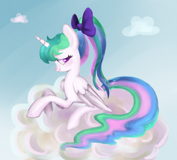 Size: 1024x925 | Tagged: safe, artist:moon petals, princess celestia, alicorn, pony, g4, alternate hairstyle, bow, cloud, cloudy, cute, cutelestia, female, high ponytail, hnnng, ponytail, solo, teenager, younger