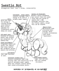 Size: 1024x1234 | Tagged: safe, artist:dynamocha, sweetie belle, pony, robot, robot pony, unicorn, g4, black and white, blank flank, female, filly, foal, grayscale, hooves, horn, monochrome, schematics, solo, sweetie bot, text