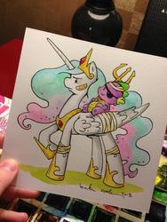 Size: 768x1024 | Tagged: safe, artist:katie cook, idw, princess celestia, spike, alicorn, dragon, pony, friendship is magic #4, g4, spoiler:comic, bandage, bandaid, cute, dragons riding ponies, eyepatch, female, injured, male, mare, riding, spikabetes, spike riding celestia, traditional art, trident, weapon