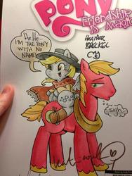 Size: 768x1024 | Tagged: safe, artist:angieness, artist:katiecandraw, big macintosh, derpy hooves, earth pony, pony, g4, clint eastwood, clothes, derpy riding big macintosh, hat, katie does it again, male, meta, movie reference, ponies riding ponies, riding, speech bubble, stallion, that one nameless background pony we all know and love, the man with no name, the pony with no name, traditional art