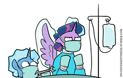 Size: 744x471 | Tagged: safe, artist:egophiliac, trixie, twilight sparkle, alicorn, pony, unicorn, tumblr:inconvenient trixie, g4, duo, female, gloves, inconvenient trixie, mare, rubber gloves, scrubs (gear), surgeon, tumblr, twilight sparkle (alicorn), twilight sparkle is not amused, unamused, woonoggles, wrench