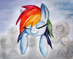 Size: 2545x2058 | Tagged: safe, artist:twistedmindbrony, rainbow dash, g4, cloud, cloudy, female, sleeping, solo, traditional art