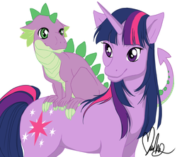 Size: 869x772 | Tagged: artist needed, safe, spike, twilight sparkle, dragon, pony, unicorn, g4, dragons riding ponies, female, male, mare, riding