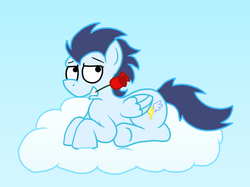Size: 1024x767 | Tagged: safe, artist:sketchymouse, soarin', g4, bedroom eyes, cloud, looking at you, male, mouth hold, rose, solo