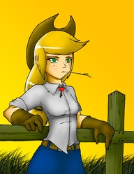 Size: 886x1155 | Tagged: safe, applejack, human, g4, clothes, female, fence, gloves, humanized, solo