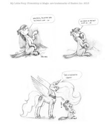 Size: 1100x1301 | Tagged: safe, artist:baron engel, apple bloom, princess luna, alicorn, earth pony, pony, g4, comic, constellation, female, filly, mare, monochrome, pencil drawing, sketch, stargazing, traditional art