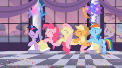 Size: 1280x717 | Tagged: safe, artist:capnpea, edit, applejack, fluttershy, pinkie pie, rainbow dash, rarity, twilight sparkle, upper crust, earth pony, pegasus, pony, unicorn, g4, sweet and elite, eyes closed, female, fimbriae, folded wings, mane six, mare, unicorn twilight, wat, wings