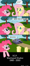 Size: 480x1024 | Tagged: safe, artist:sofdmc, fluttershy, pinkie pie, g4, comic, command and conquer, fainting goat, fourth wall, mirage tank, red alert 2, startled, tank (vehicle), tree, westwood studios