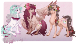 Size: 2000x1200 | Tagged: safe, artist:cigarscigarettes, oc, oc only, oc:bombette, oc:powder, oc:yours truly, bow, floral head wreath, flower, ribbon
