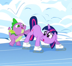 Size: 445x413 | Tagged: safe, screencap, spike, twilight sparkle, g4, winter wrap up, butt touch, hand on butt, ice skates, ice skating, out of context, pushing, rump push, skates, winter