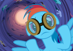 Size: 800x554 | Tagged: safe, screencap, rainbow dash, pegasus, pony, g4, hurricane fluttershy, chaos, doom, female, flying, goggles, hurricane, mare, pit of souls, solo focus, tornado, working