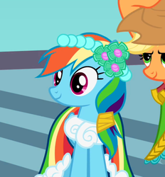 Size: 450x485 | Tagged: safe, screencap, applejack, rainbow dash, a canterlot wedding, g4, bridesmaid dress, clothes, dress