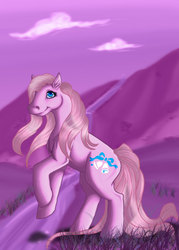Size: 750x1050 | Tagged: safe, artist:cyzzane, satin 'n lace, earth pony, pony, g1, blue eyes, cloud, female, legs raised, long mane, long tail, road, smiling, solo