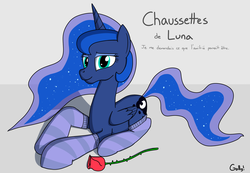 Size: 2122x1471 | Tagged: safe, artist:rapidstrike, princess luna, g4, clothes, female, french, rose, socks, solo, striped socks